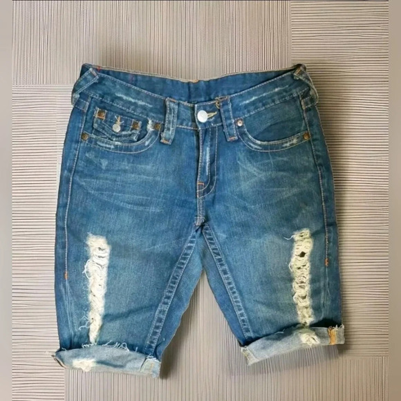 True Religion Bermuda Cut Off Jean Shorts Front Distressed 27 - Picture 1 of 8